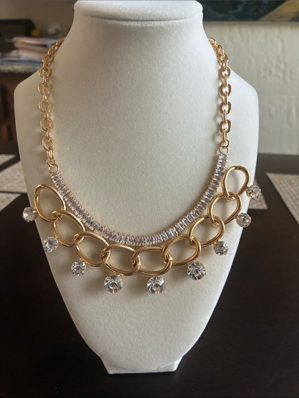Gold Chain Link Necklace with Crystal Drops